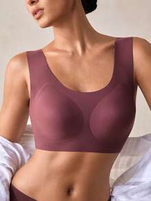 Veilyse Women's Nude Wireless Bra, Thin Fabric, Lift & Support For Large Bust, Removable Pads, Seamless, Comfortable, Elastic, Wide Strap, U-Shaped Sports Bra - Coffee Brown - View 10