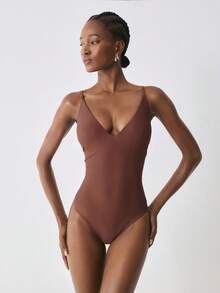 YARNWELL Women's Minimalist Solid Color Spaghetti Strap One-Piece Swimsuit For Beach Vacation - Brown - View 5