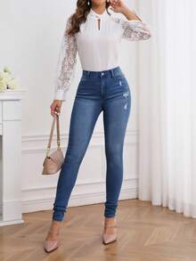 SHEIN Tall 女款修身水洗牛仔褲，適合高個女性 - 深色水洗藍 - 查看 5