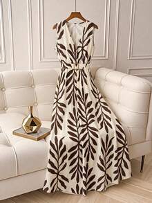 Glimmora 2026 Spring/Summer Bohemian Style Floral Print V-Neck Sleeveless Maxi Dress, Featuring Beige Base With Dark Brown Leaf Print, Creating A Vintage Vacation Vibe; V-Neck Design Paired With Matching Square Buckle Belt To Effortlessly Define High Waistline, Flattering Flowy Silhouette Suitable For Island Vacation, Daily Outings, Light Commuting And More - Multicolor - View 4