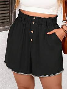 Comfylo Plus Size Women's Shell Embroidered Ruffle Edge Button Design Shorts - Multicolor - View 4