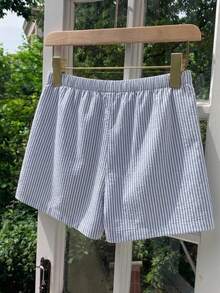SHEIN LUNE 女款休閒條紋短褲，適合春夏，女款夏季服飾，街頭風，適合日常通勤、約會、聚會、秋冬、夏季、聖誕節、新年、感恩節、派對、婚禮、海灘、畢業典禮，優雅休閒外出穿搭 - 彩色 - 查看 8