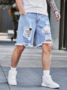 QuarKem Loose Men's Cotton Ladder Distressed Denim Shorts Jorts Work Going Out Urban Vacation Street - Light Wash - View 5