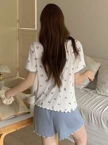 DAZY 女款V領花卉印花短袖上衣與短褲休閒居家服套裝 夏季睡衣 - 藍色 - 查看 2