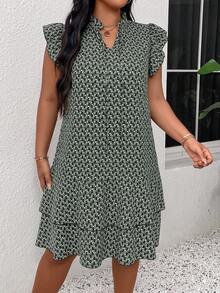 EMERY ROSE Vestido de mujer talla grande con patrón geométrico, volantes, cuello con lazo y mangas cortas - Verde militar - Ver 4