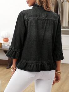 EMERY ROSE Plus Size Casual Washed Denim Jacket With Ruffle Trim - Black - View 2