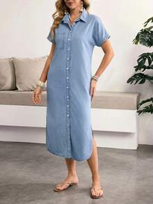 Sunnyshic Plus Size Casual Front Button Denim Dress - Blue - View 3