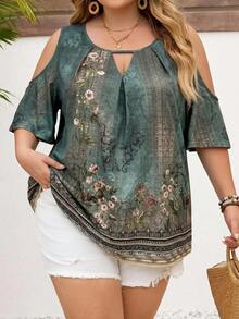 SHEIN CURVE+ Plus Size Women's Floral Print Casual 90s Boho Versatile Everyday Vacation Party Vacation Vacation Outing Shirt Green Summer Vacation - Green - View 6