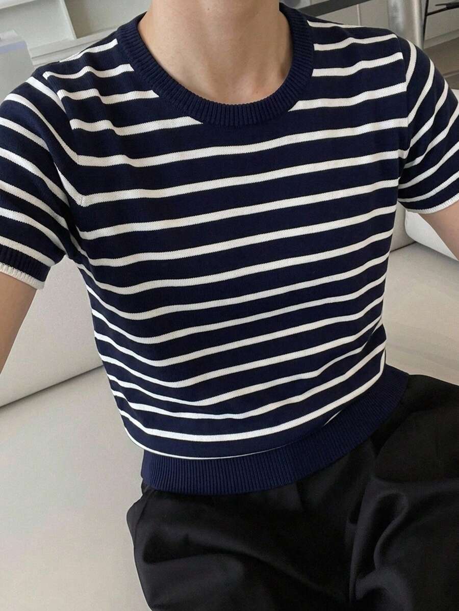 DAZY 女款領口條紋套頭短袖針織衫 - 寶藍色 - 查看 1