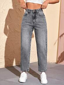 SHEIN PETITE Women's Casual Everyday Pockets Button Denim Jeans ,Petite Women - Grey - View 5