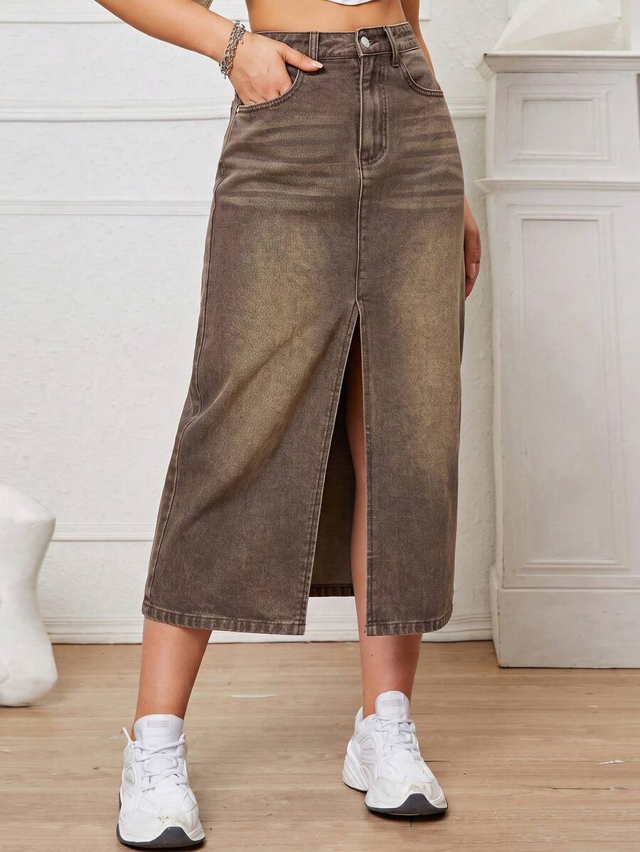 SHEIN EZwear 休閒水洗開衩下擺牛仔裙 - 摩卡棕 - 查看 1
