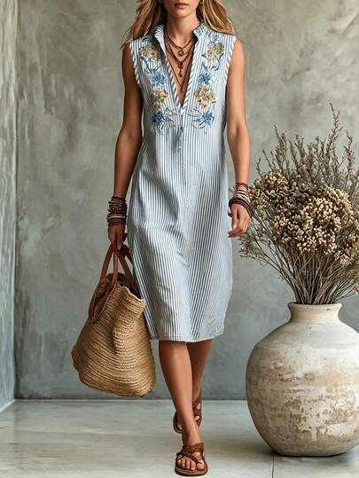 Balvessa Vestido casual de fiesta con estampado floral a rayas para mujer