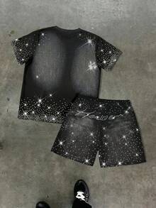 2件組青少年男款休閒極簡T恤套裝，經典酷感星星與閃亮珍珠印花，適合街頭風、Y2k - 黑色 - 查看 7