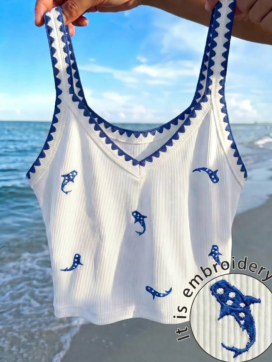 Franclia Top sin mangas acanalado con ribete de contraste, verano - Blanco - Ver 1
