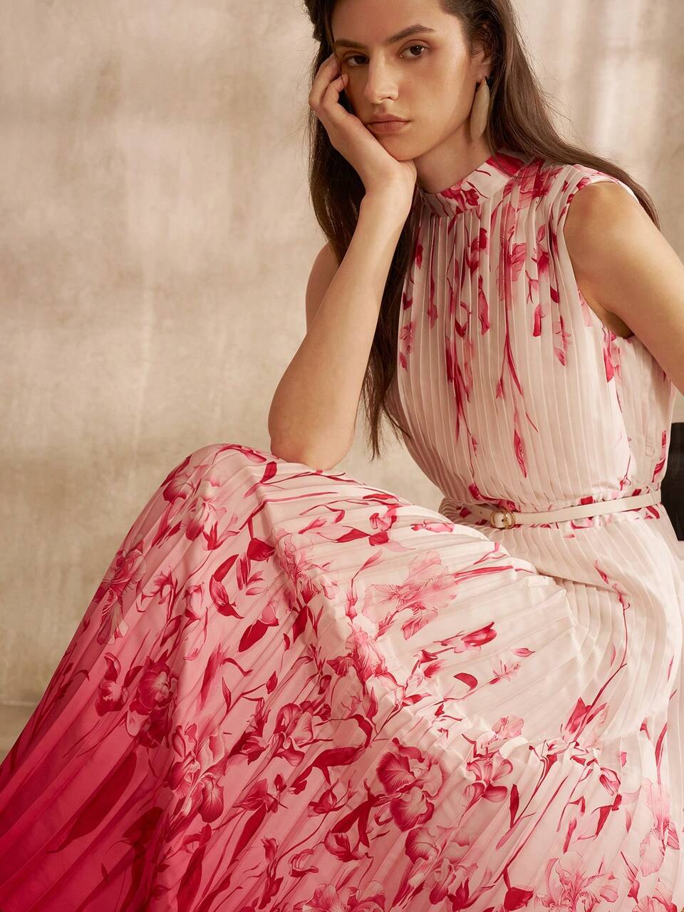 MOTF WOMEN'S SPRING/SUMMER GRADIENT DIGITAL PRINT SLEEVELESS PLEATED DRESS WITH BELT