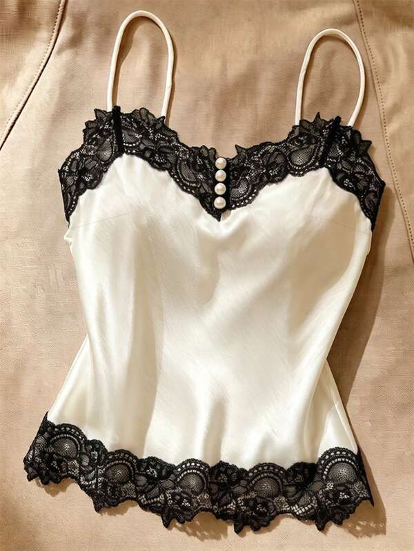 GlowEve Camisola de moda para mujer con diseño de botones y encaje en contraste