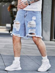 QuarKem Loose Men's Cotton Ladder Distressed Denim Shorts Jorts Work Going Out Urban Vacation Street - Light Wash - View 3