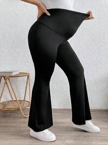 Plussiva 孕妇休闲可调节腰部纯色喇叭裤 - 黑色 - 查看 6