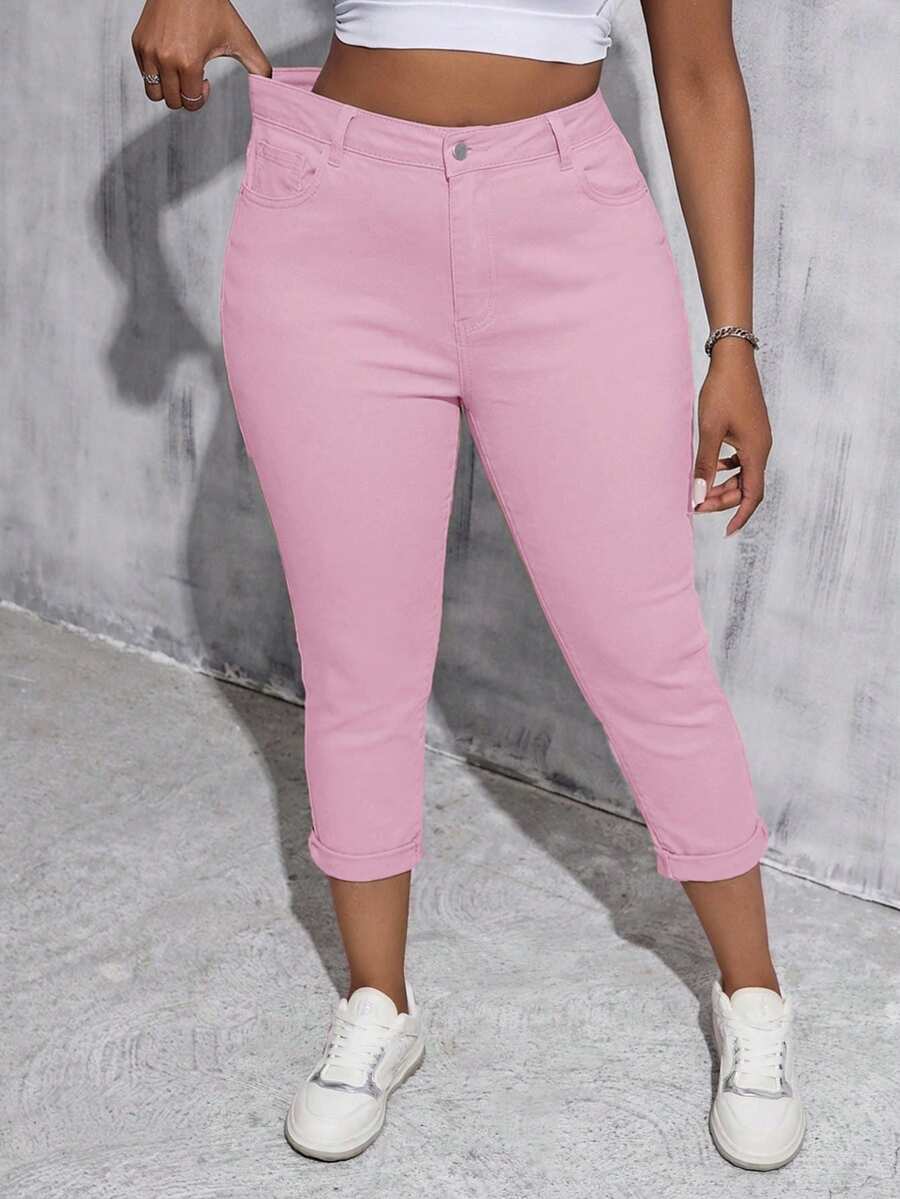 SHEIN Tall CURVE 女款大尺碼白色丹寧彈性緊身九分褲 - 粉色 - 查看 1