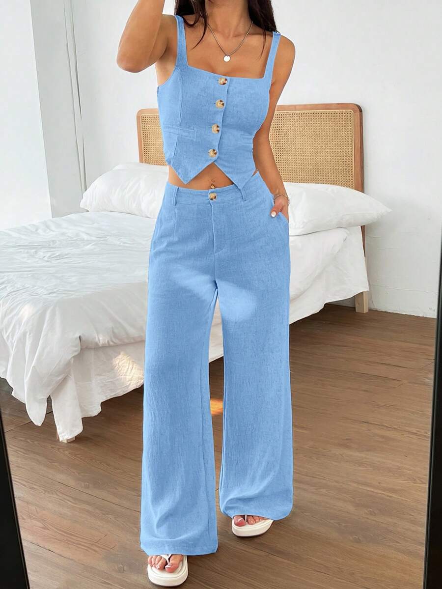 SHEIN EZwear 女款夏季休閒淺藍色方領鈕扣背心+寬鬆寬腿長褲兩件套 度假穿搭 - 藍色 - 查看 1