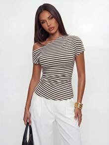 Avantive Women's Asymmetrical Shoulder Striped Casual Versatile Daily Wear Top - Coffee Brown - View 6