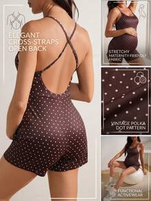 SHEIN Maternity Polka Dot Print French Style Elegant Cami Sports Romper - Brown - View 9