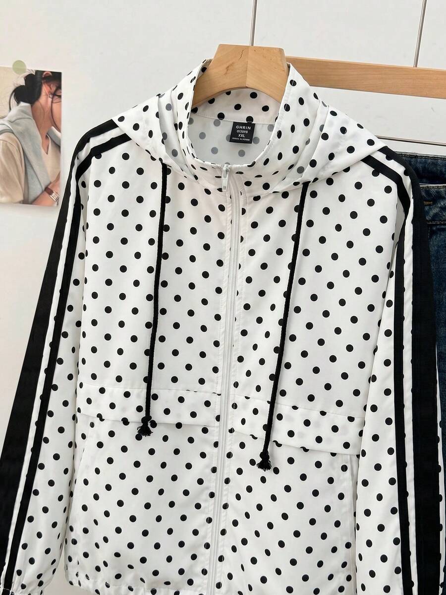 SHEIN EZwear 女款大尺碼波點拉鍊口袋長袖連帽夾克 - 黑與白 - 查看 1