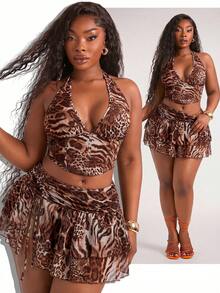 Radiana Plus Size Multicolor Animal Print Two Piece Halter Top And Layered Skirt Set For Women's Summer Outfits - Multicolor - View 8