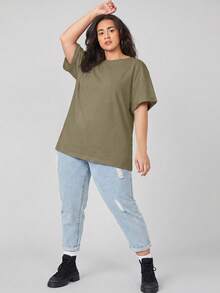 SHEIN BASICS 大尺碼落肩素色T恤女款夏季上衣夏季穿搭 - 軍綠色 - 查看 5
