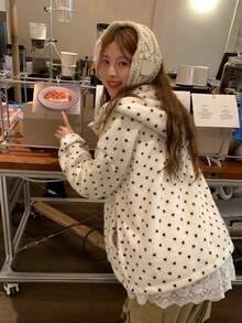 DAZY Women's Hooded Polka Dot Korean Style Casual Long Sleeve Jacket - Apricot - View 2