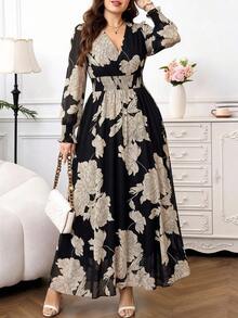 Reflora Plus Size Elegant Floral Print Dress - Black and White - View 7