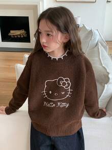 HELLO KITTY | DAZY Contrast Color Cute KT Cat Pattern Embroidered Long Sleeve Autumn/Winter Tween Girls Sweater - Brown - View 4