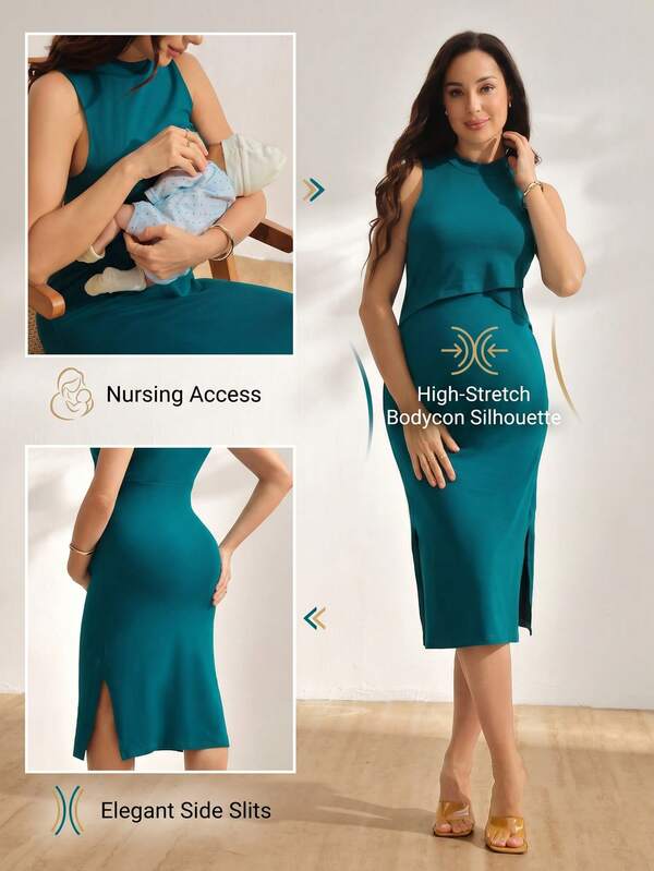 SHEIN Vestido de maternidad sin mangas de 100% algodón, vestido de maternidad de unicolor y cómodo de largo medio, ropa de maternidad de verano