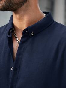 Manfinity CasualCool Men's Plus Size Casual Versatile Solid Color Shirt - Navy Blue - View 3