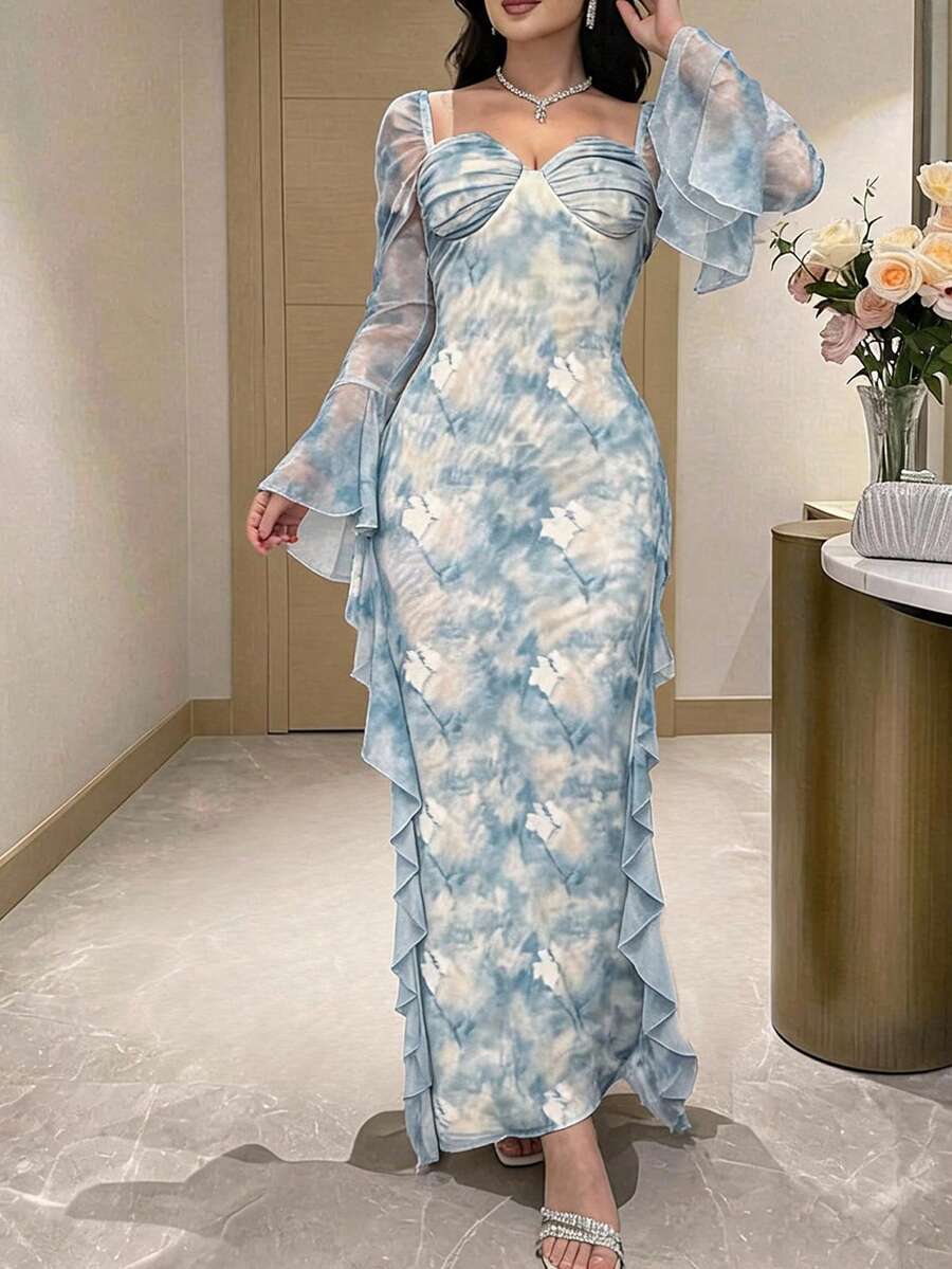Feyla 女款紮染印花心形領鐘形袖優雅長洋裝