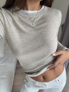 DAZY 女款拼接撞色 2 合 1 分層圓領長袖休閒街頭度假風春夏秋基礎層 T 恤校園穿搭 - 杏色 - 查看 6
