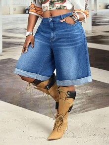 Slaydiva Shorts de mezclilla azul de pierna ancha y corte A para mujer talla grande, primavera/verano, para uso al aire libre y desplazamientos, con múltiples bolsillos y aberturas laterales - Azul lavado medio - Ver 3