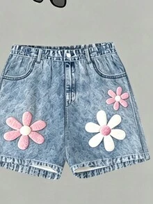 1套女嬰休閒甜美可愛Y2K愛心貓咪蝴蝶結印花圓領短袖T恤與粉白花卉復古印花短褲套裝，適合外出、度假、居家、學校、運動 - 彩色 - 查看 4