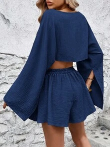 Breezaya Solid Color Cape Sleeve Cropped Top And Shorts Set - Navy Blue - View 2