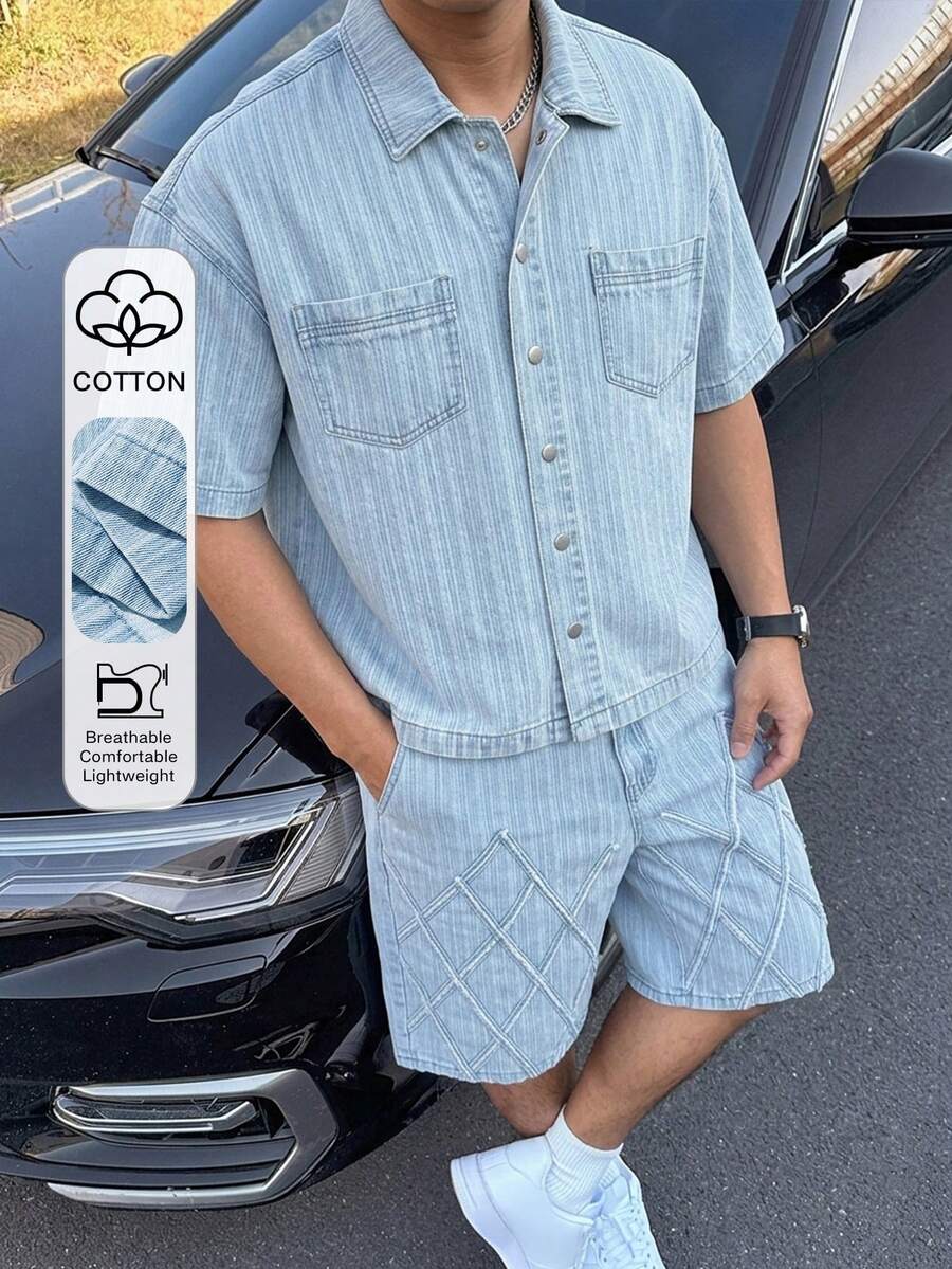 DAZY 男士藍色水洗復古牛仔套裝,夏季 - 淺藍色 - 查看 1