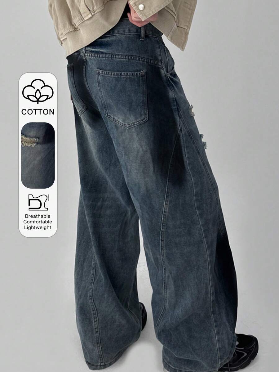 DAZY Jeans de mezclilla azul oscuro desgastado para hombre, otoño - Azul - Ver 1