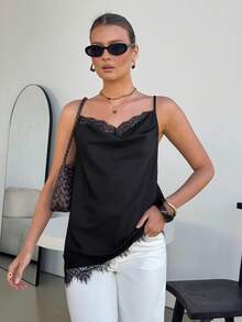 Lavishia Women's Sexy Backless Ruffle Collar Lace Patchwork Blouse, Elegant For Party, Commute And Vacation - Black - View 2