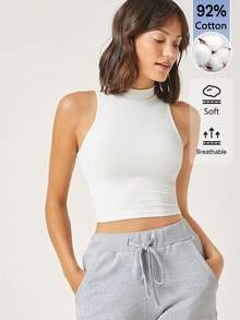 SHEIN BASICS Women's Solid Color Fitted Cropped Casual Versatile Tank Top - White - View 6