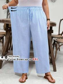 SHEIN CURVE+ Curve Size US22音樂節、海邊度假、波希米亞休閒純色寬鬆長褲，夏季/鄉村/海灘度假穿搭/海灘穿搭/海灘服飾 - 藍白色 - 查看 8