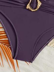 Swim Basics Ladies Beach Vacation Casual All Black Detachable Slim Shoulder Strap High Waisted Pants With Metal Accessories Bikini Set - Purple - View 4