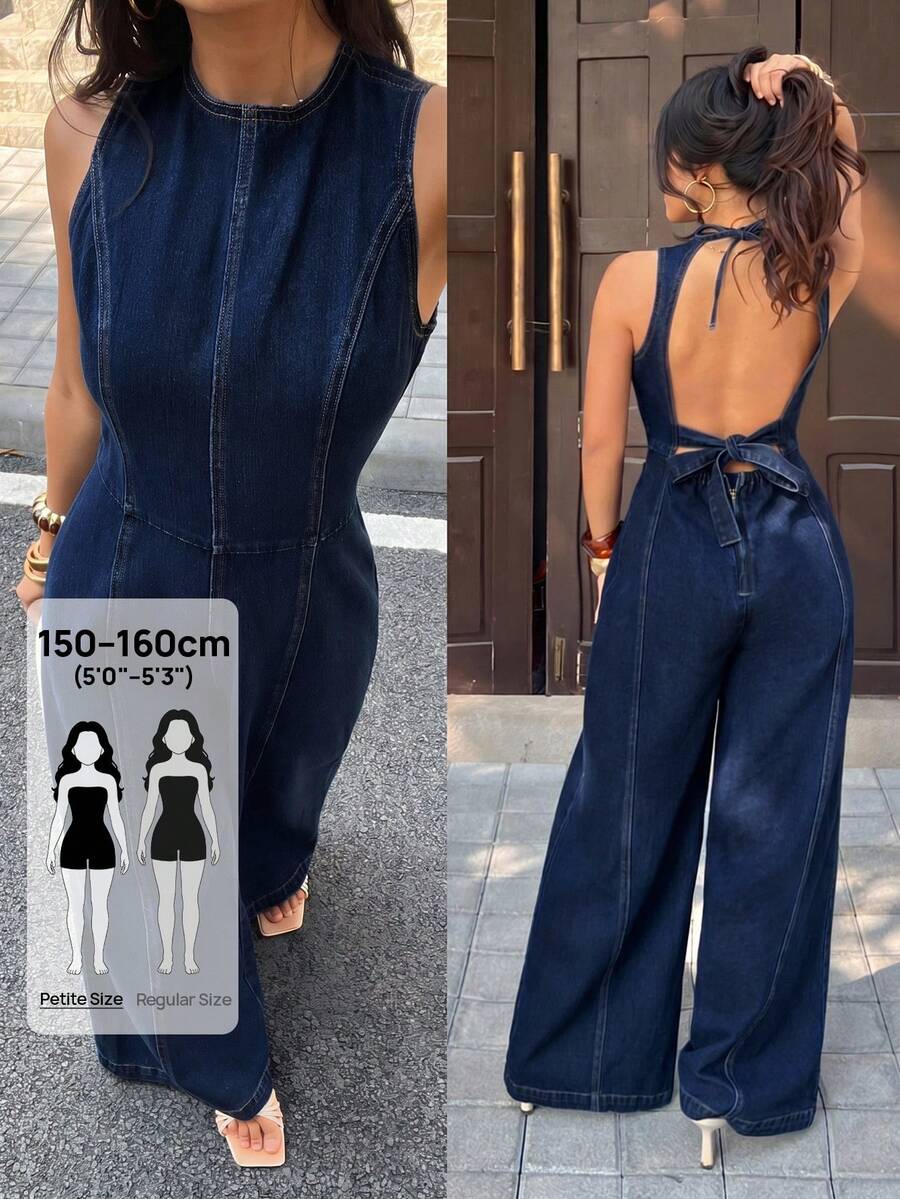 SHEIN PETITE 女款夏季休閒綁帶露背牛仔連身褲,適合嬌小女性 - 深色水洗藍 - 查看 1