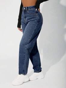 SHEIN PETITE High Waist Fashionable Retro Versatile Casual Daily Simple Design Jeans ,Petite Women - Blue - View 2