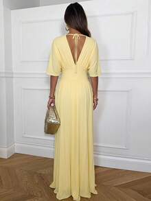 Ronhire Women's Solid Yellow/Cream Deep V-Neck High Slit Fitted Mesh Dress, Spring/Summer - Light Yellow - View 2
