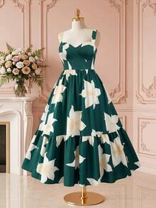 Rometta Plus Size Women's Floral Print Pleated Fashion Dating Vacation Party Dress Green Summer Elegant - Multicolor - View 3