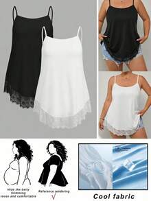 SHEIN CURVE+ 大尺碼黑白兩件式娃娃風細肩帶背心套裝，適合居家、街頭與度假穿著 - 黑與白 - 查看 1
